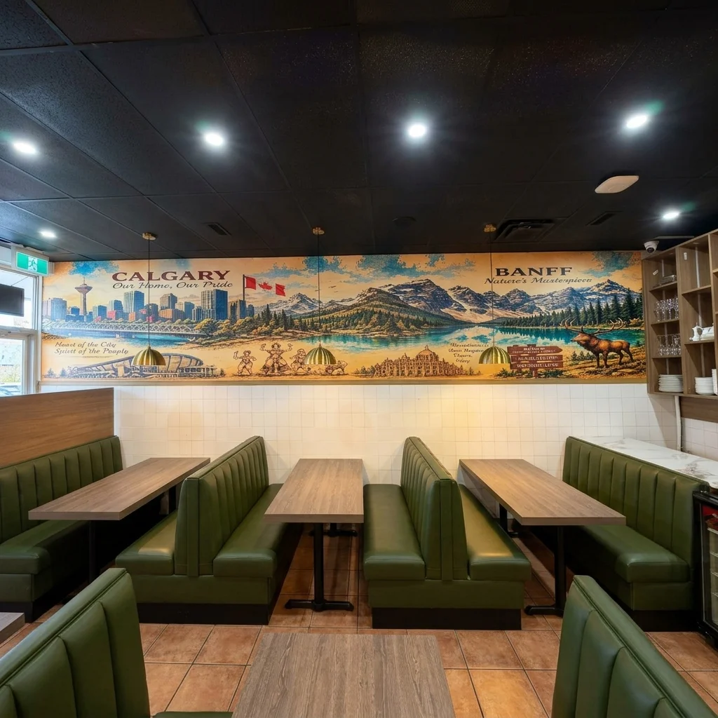 Dining room at Virunthu with Calgary and Banff mural, South Indian restaurant on 52 Street SE, Calgary